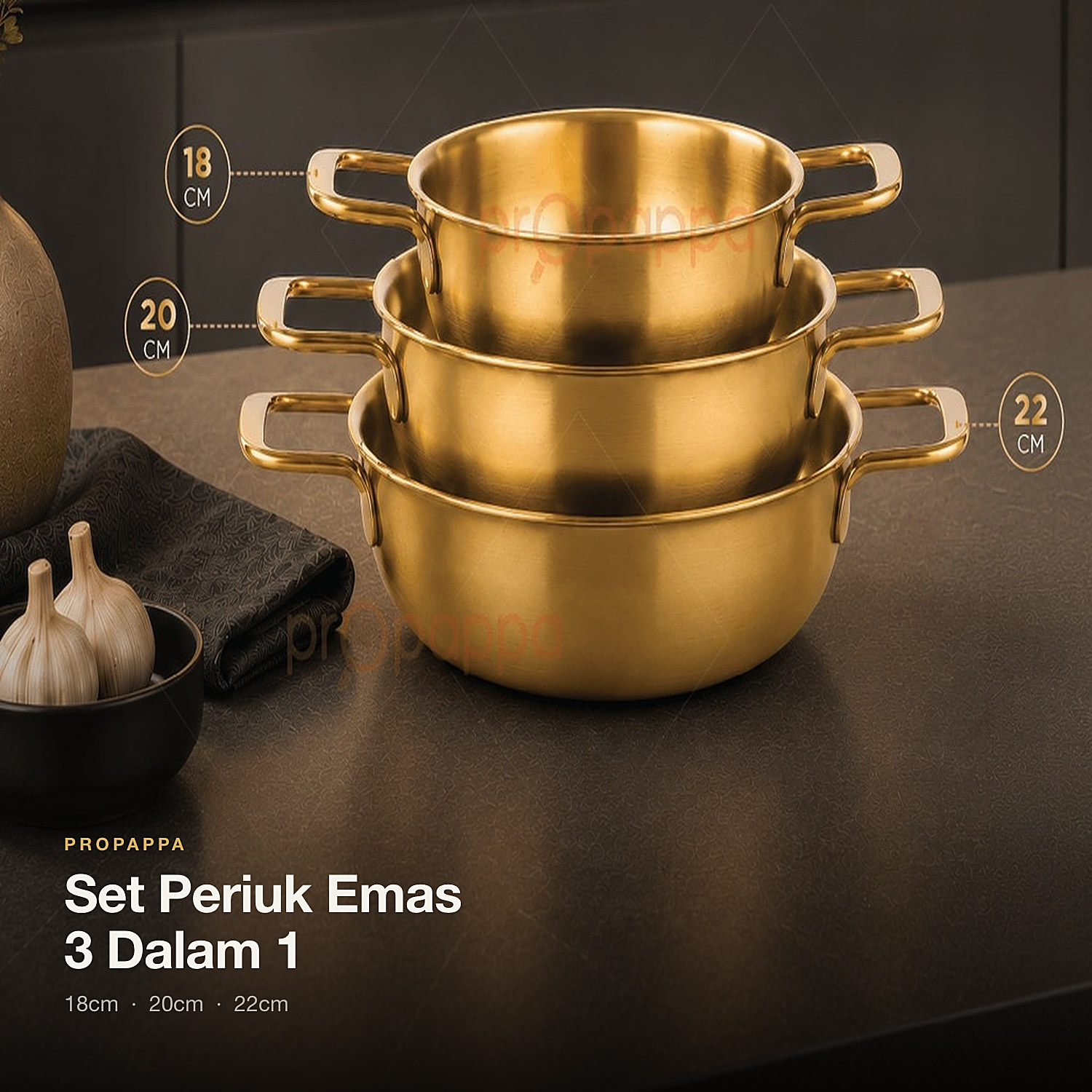 Set Periuk Emas 3 Dalam 1 — Propappa (18cm · 20cm · 22cm)
